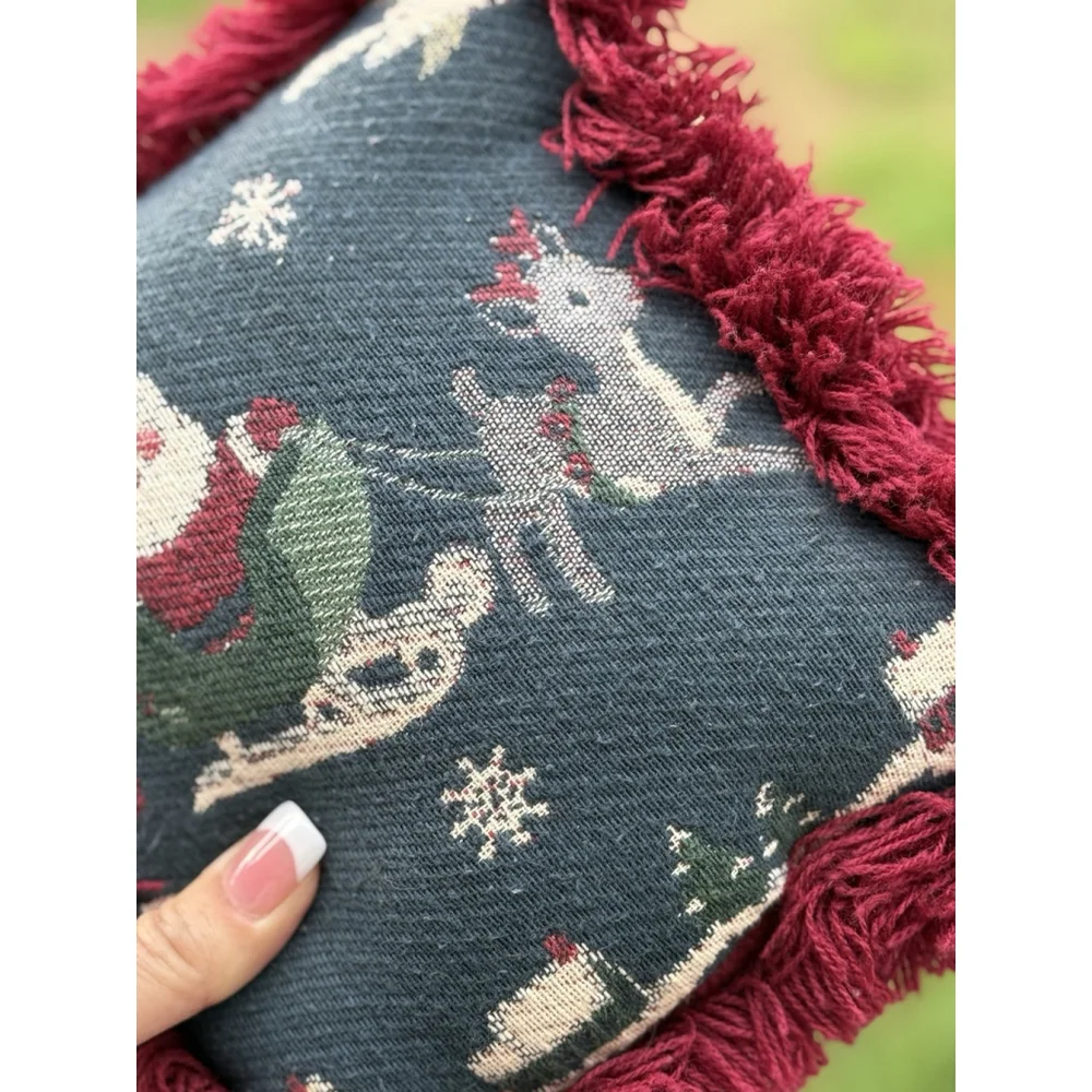 Vintage Riverdale Christmas Tapestry Santa Reindeer Fringe Mini Throw Pillow